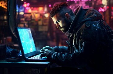 Fototapeta premium Streetwise Male cyberpunk wearing hoodie. Hacker guy programming online on laptop. Generate ai
