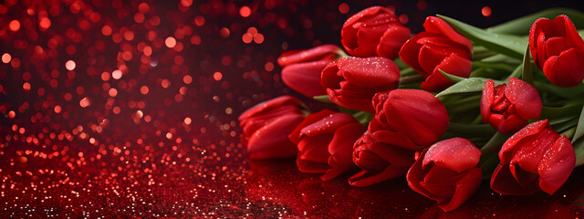 Red tulips on background with shiny sparkles bokeh. Free space for copying. Banner.