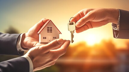 Realtor giving a house model and key to a new homeowner. Concept of home buying, real estate deal closing, and ownership transfer.