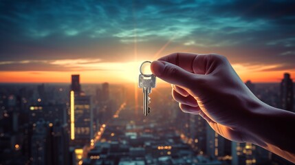 Hand holding key with a sunset background over the city. Concept of new apartment, real estate purchase, home buying, property ownership, and metropolitan lifestyle. Banner. Copy space