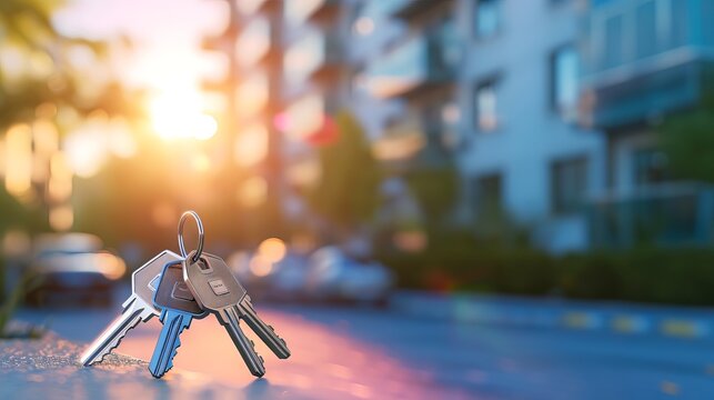 Keys against a background of blurred building. Concept of metropolitan home buying, real estate market, and residential leasing. Banner with copy space