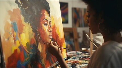 Young African American lady painter with curly hair next to her artwork in an art studio. Concept...