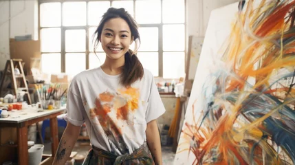 Fotobehang Young Asian woman artist next to her artwork in art studio. Concept of artistic talent, fine arts, creative process, interesting hobby, exciting leisure time, oil painting © Jafree