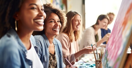 Group of diverse women enjoying a painting class. Concept of leisure activity, art workshop, group creativity, and learning art.