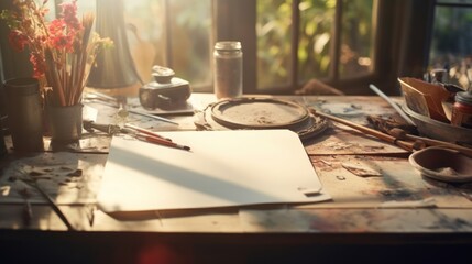 Artist's table with painting tools bathed in natural light. Concept of art creation, inspiration,...