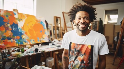 Young African American man artist next to his artwork in art studio. Concept of artistic talent, fine arts, creative process, interesting hobby, exciting leisure time, oil painting