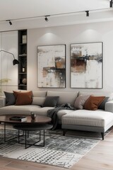 Modern minimalist living room with decorative paintings