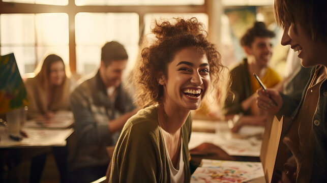 A joyful young woman enjoying a vibrant art class session. Concept of artistic talent, fine arts, creative process, interesting hobby, exciting leisure time, oil painting