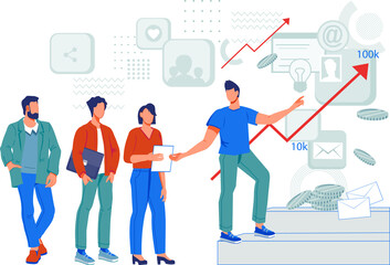 Business team led by leader to success. Concept of career or corporate leadership, teamwork and teambuilding. Business anti crisis management, analytics and consult agency, flat  illustration.