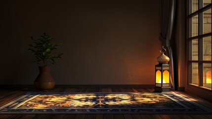 prayer mat with a traditional lantern, a dark room with little light coming from the window, peaceful and calm environment. 