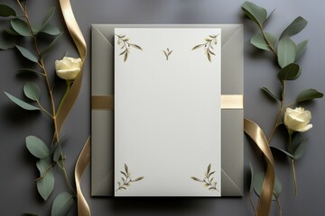 Elegant Wedding Invitation Card with Gold Ribbon and Floral Decor, Open Empty Text Copy Space Used for a Poster, Announcement, Invitation, Message, or Sign

