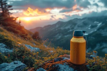 An outdoor thermos flask stands on a rock at sunset