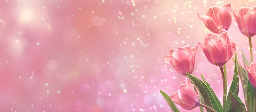 Pink tulips on background with shiny sparkles bokeh. Free space for copying. Banner.