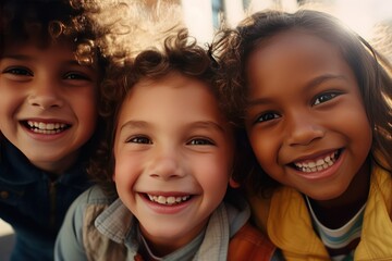 Close up of smiling young children. Happy faces of children close up. Portrait of happy diverse group of kids hugging in a park together for fun
