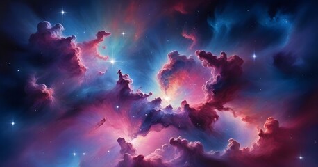 A vibrant cosmic scene with clouds in shades of pink , blue , and purple with stars scattered throughout