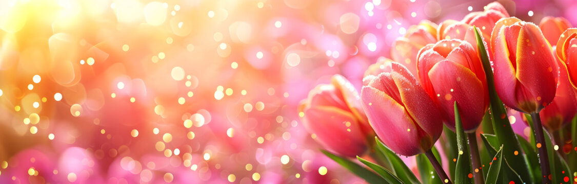 Pink tulips on a background with shiny sparkles. Free space for copying. Banner.