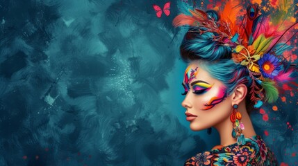 A woman with blue hair and colorful makeup is posing in front of a blue background. She is wearing a large headpiece made of feathers and flowers. - obrazy, fototapety, plakaty