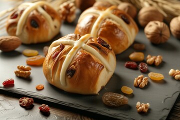 Artisanal Hot Cross Buns Arranged with Dried Fruits and Nuts on a Slate Surface
