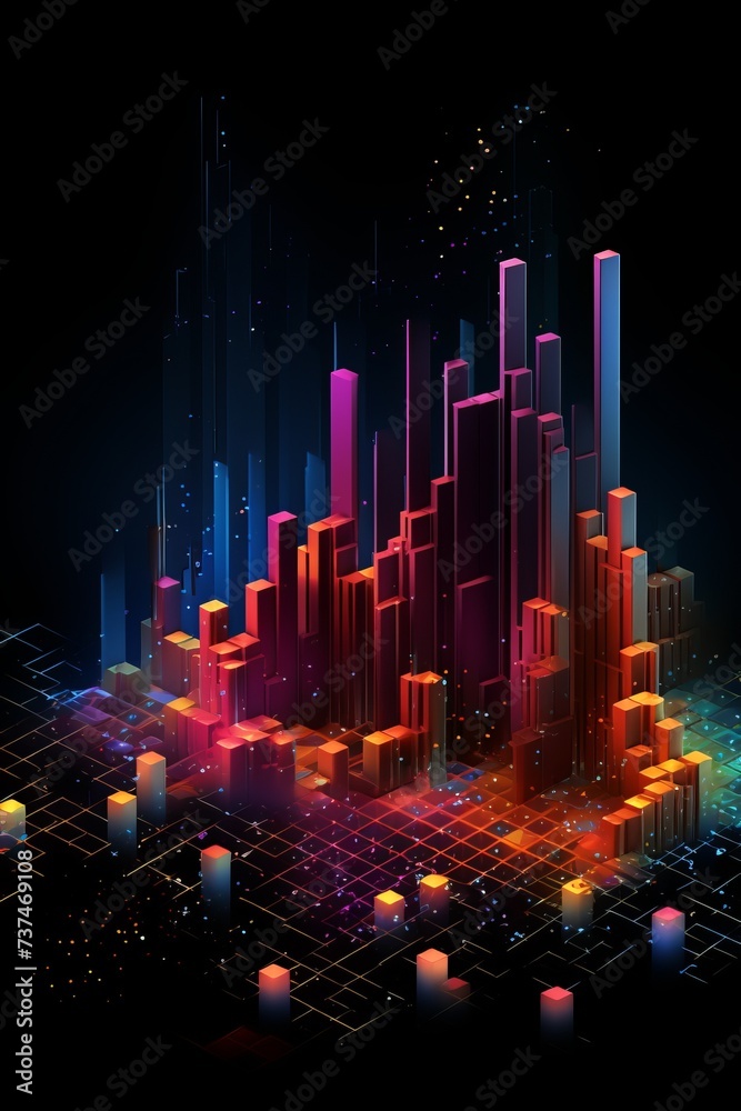 Wall mural a 3d rendering of a city made of glowing blocks