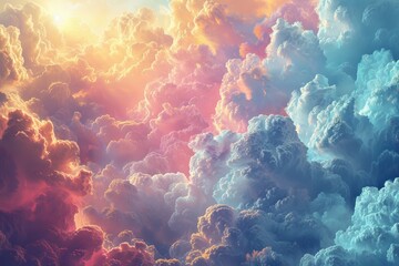 Colorful cloudscape with a bright shining sun and rays of light - obrazy, fototapety, plakaty