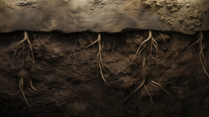 Tunnel wall of dirt and tangled roots, underground cross section background - obrazy, fototapety, plakaty