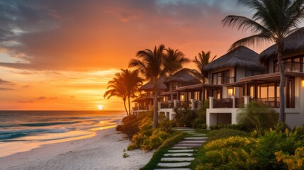 Fototapeta na wymiar Beachfront luxury resort with thatched roof villas at sunset