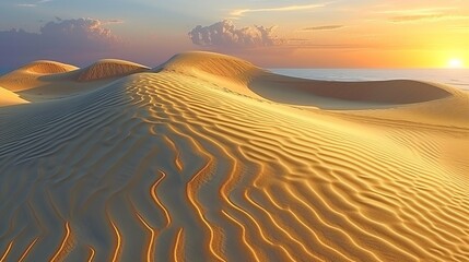 Fototapeta na wymiar A vast and beautiful sand dune landscape with a setting sun and a distant sea