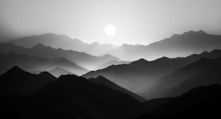 Fototapeta premium Monochrome Mountain Silhouettes at Sunrise. Layers of Hills and Sunlight Gradients