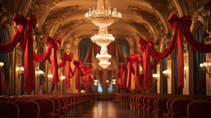 Fototapeta na wymiar Red and gold ballroom with crystal chandeliers and red velvet curtains