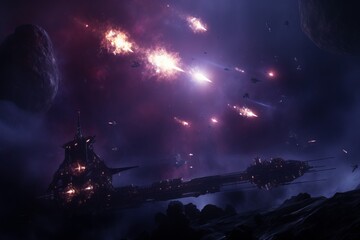 A group of spaceships are engaging in a battle in the midst of an asteroid field