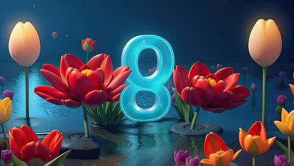 The number eight in the center of the image and tulip flowers on the edges stand on the sand