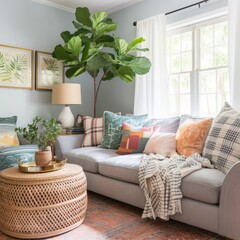 A cozy living room with a large fiddle leaf fig tree in the corner