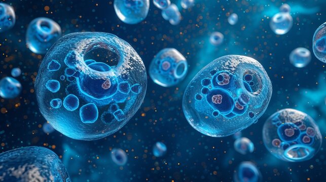 Blue illustration of a cell with a nucleus