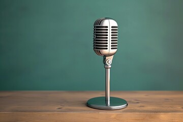 Retro silver microphone on wooden table with green background