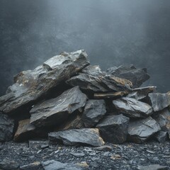 Black rough stones of various sizes lie in a pile on a dark background