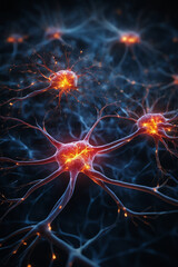 Conceptual illustration of neural network under microscope. Synapse and Neuron cells sending electrical chemical signals..