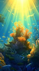 Underwater fantasy world with a giant coral reef and exotic fish swimming around