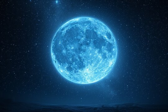 Blue moon rising over dark landscape with stars in the night sky
