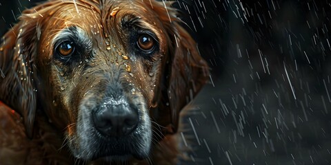 Melancholic Canine Sorrowfully Gazing in the Rain. Concept Rainy Day Reflections, Woeful Canine in the Rain, Emotion-filled Dog Portraits, Melancholy Moments, Rain-soaked Canine Expressions