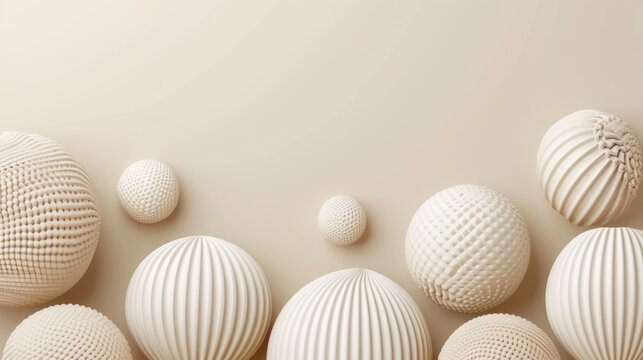 3D rendering of a group of beige spheres with different patterns on a beige background
