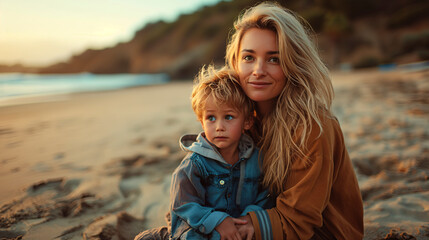 Fototapeta na wymiar Mujer joven jugando en la playa con su hijo pequeño