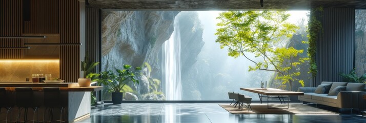 Mountain Waterfall Cave Style Interior - Mountain Cave Dining Room Backdrop - Beautiful Bright Dining Room Indoor Background - Cave Waterfall Dining Room Design created with Generative AI Technology