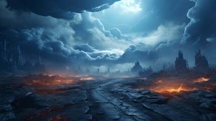 Fantasy landscape with a dark sky and a lava river flowing through a rocky plain