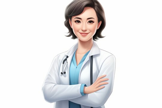 A female doctor with brown hair and brown eyes is wearing a white lab coat and a blue shirt.