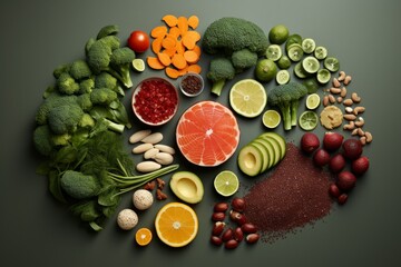 A variety of healthy foods are arranged on a green table. - obrazy, fototapety, plakaty