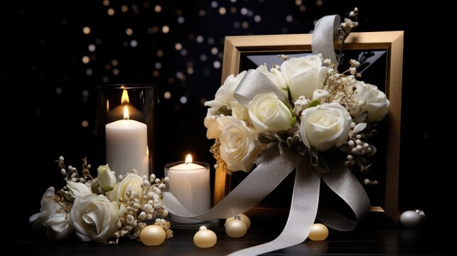 Design space available for funeral photo frame with ribbon, white rose and candle on dark table against black background