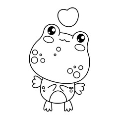 Cute in love frog with heart. Funny outline animal kawaii character. Vector illustration. Line drawing, coloring book. Kids collection.
