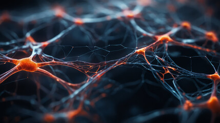 Conceptual illustration of neural network under microscope. Synapse and Neuron cells sending electrical chemical signals. - obrazy, fototapety, plakaty