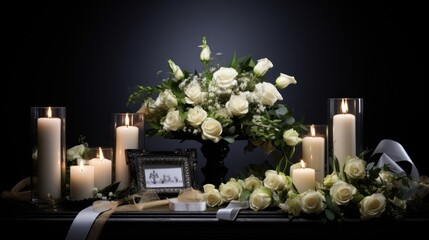 Design space available for funeral photo frame with ribbon, white rose and candle on dark table against black background