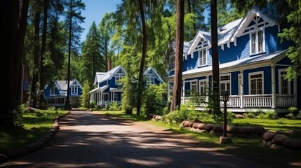 Fototapeta na wymiar Blue wooden houses in a green forest
